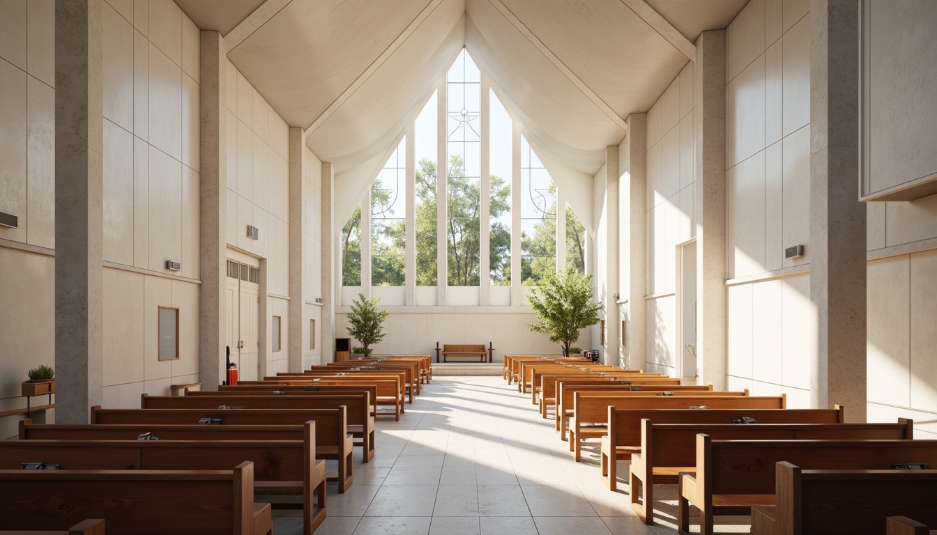 Prompt: Sleek church architecture, minimal ornamentation, clean lines, white stone fa\u00e7ade, stained glass windows, natural light pouring in, open interior spaces, vaulted ceilings, wooden pews, subtle color palette, peaceful ambiance, soft warm lighting, shallow depth of field, 1/1 composition, symmetrical framing, realistic textures, ambient occlusion.