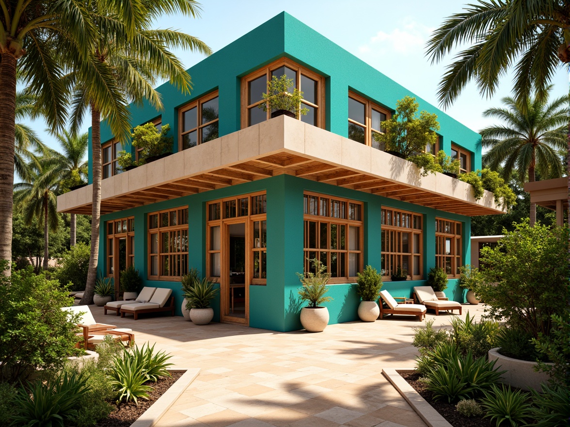 Prompt: Vibrant pavilion, bold color scheme, warm wooden accents, rich turquoise hues, soft cream tones, natural stone textures, intricate metalwork, latticework patterns, tropical plants, lush greenery, sunny day, soft warm lighting, shallow depth of field, 3/4 composition, panoramic view, realistic textures, ambient occlusion.