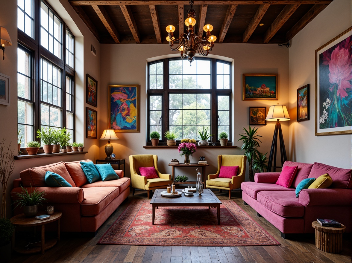 Prompt: Vibrant art studio, eclectic furniture pieces, abstract artwork, bold color blocking, pastel hues, neon accents, metallic finishes, rich textures, ornate decorations, luxurious fabrics, statement lighting fixtures, warm atmospheric ambiance, 3/4 composition, shallow depth of field, soft focus effect.