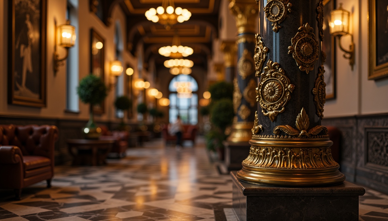 Prompt: Ornate column, intricately carved details, golden ornaments, grandiose capital, fluted shaft, ornamental pedestal, luxurious marble, richly textured stone, dramatic lighting, warm ambient glow, high-contrast shadows, 1/1 composition, symmetrical framing, central perspective, opulent surroundings, lavish decorations, antique furnishings, regal atmosphere, solemn silence, soft focus blur.