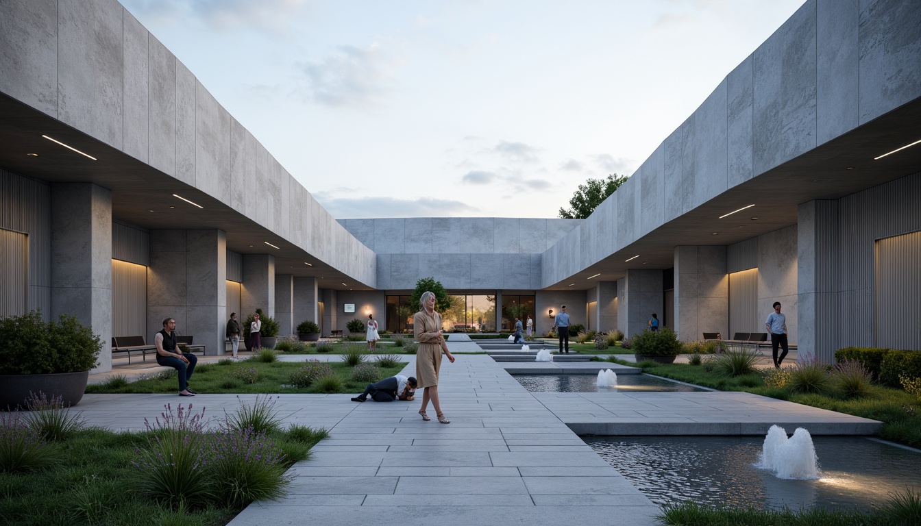 Prompt: Ethereal memorial center, curved lines, minimalist architecture, somber grey tones, natural stone cladding, glass accents, subtle LED lighting, serene water features, peaceful gardens, contemplative atmosphere, soft misting systems, gentle breezes, shallow depth of field, 1/1 composition, realistic textures, ambient occlusion, commemorative plaques, elegant fountains, soothing soundscapes, spiritual ambiance.