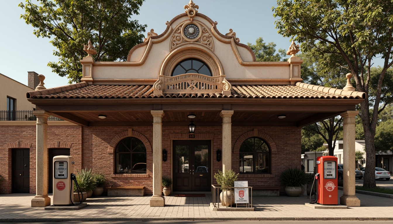 Prompt: Rustic gas station, Romanesque rooflines, arched windows, ornate stone carvings, intricately patterned tiles, bold brick facades, sturdy columns, decorative metalwork, vintage fuel pumps, nostalgic signage, warm earthy tones, soft afternoon lighting, shallow depth of field, 1/2 composition, atmospheric perspective, realistic textures, ambient occlusion.