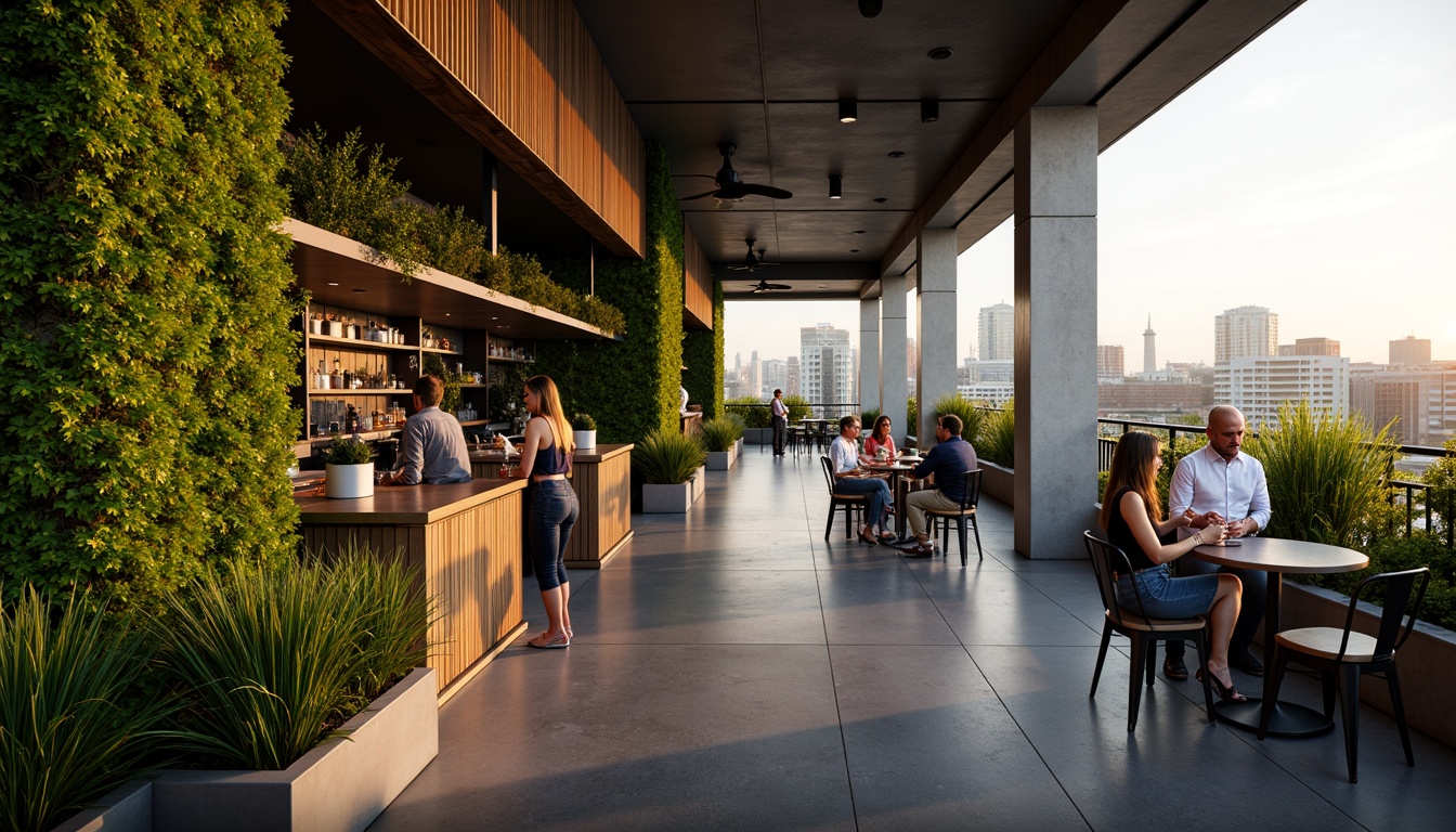 Prompt: Urban rooftop bar, sleek modernist architecture, lush green walls, vibrant tropical plants, reclaimed wood accents, polished metal surfaces, minimalist decor, industrial lighting fixtures, cityscape views, bustling metropolitan atmosphere, warm golden hour lighting, shallow depth of field, 1/2 composition, realistic textures, ambient occlusion.