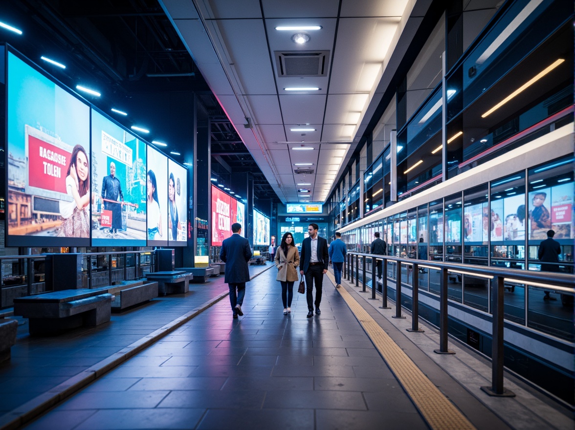 Prompt: Futuristic tram station, neon-lit advertising screens, sleek metallic surfaces, polished glass walls, vibrant LED lighting, dynamic color patterns, urban cityscape, busy pedestrian traffic, modern architecture, angular lines, minimalist design, stainless steel railings, high-gloss flooring, electric blue accents, bright white ceilings, warm ambient lighting, shallow depth of field, 1/2 composition, realistic textures, subtle gradient effects.