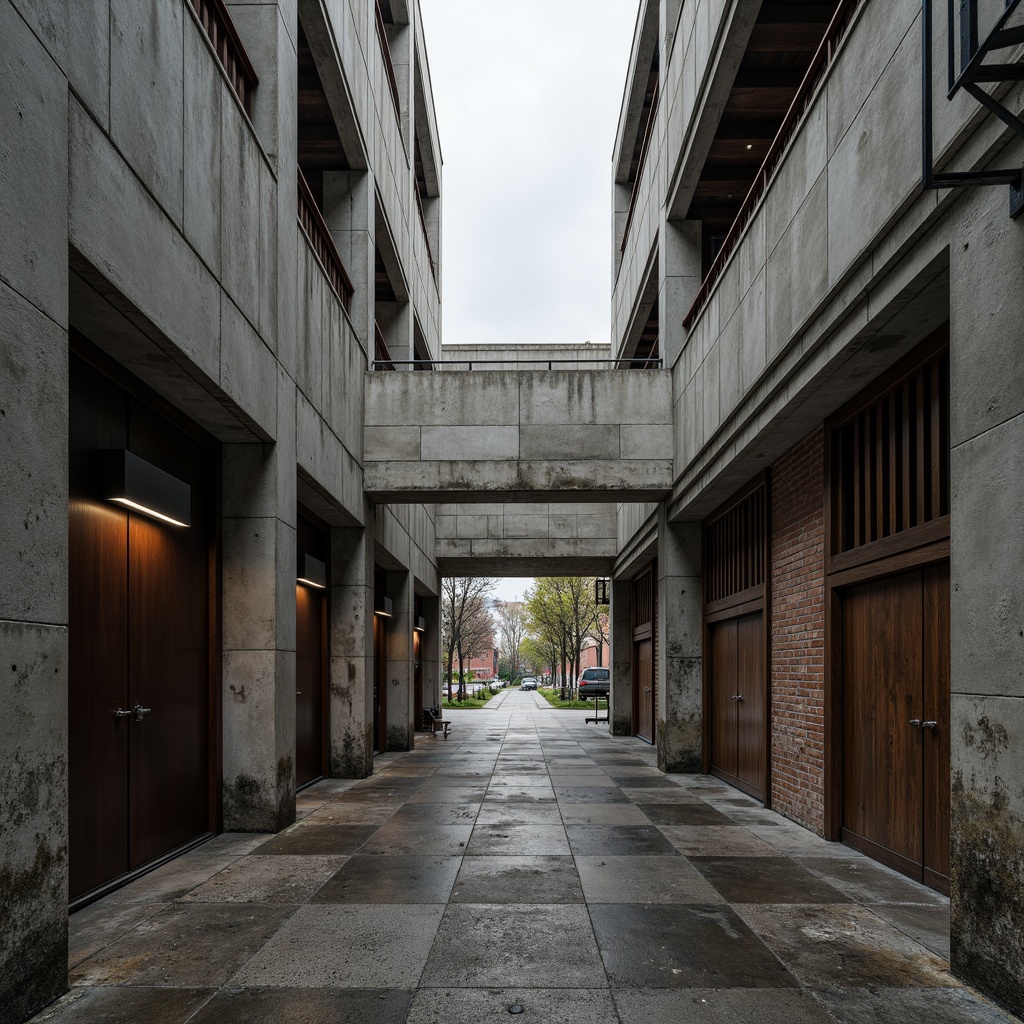 Prompt: Rugged brutalist architecture, exposed concrete walls, raw steel beams, natural stone facades, reclaimed wood accents, industrial metal doors, minimalist ornamentation, functional simplicity, dramatic lighting effects, high-contrast shadows, bold geometric forms, urban cityscape backdrop, overcast skies, moody atmospheric conditions, cinematic camera angles, 1/1 composition, realistic textures, ambient occlusion.