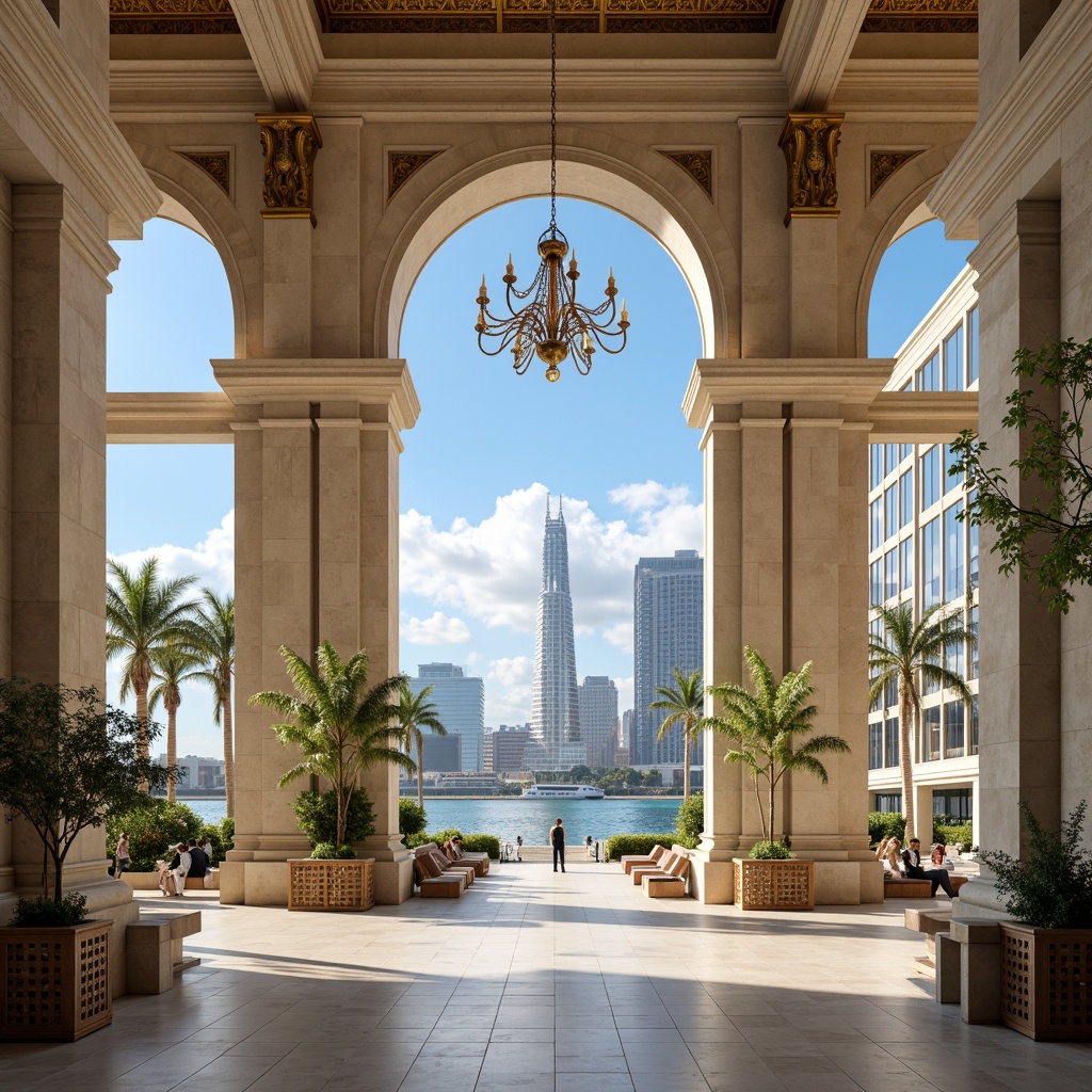 Prompt: Majestic coastal skyscrapers, classicism style, limestone fa\u00e7ade, granite columns, ornate metalwork, bronze details, weathered wood accents, nautical-themed decorations, ocean-inspired color palette, soft blue hues, creamy whites, sea-foam greens, sandy neutrals, majestic archways, grand entrance halls, high ceilings, intricate moldings, ornate chandeliers, luxurious marble floors, plush furnishings, dramatic curtain walls, floor-to-ceiling windows, breathtaking ocean views, sunny daylight, warm golden lighting, shallow depth of field, 1/2 composition, realistic textures, ambient occlusion.