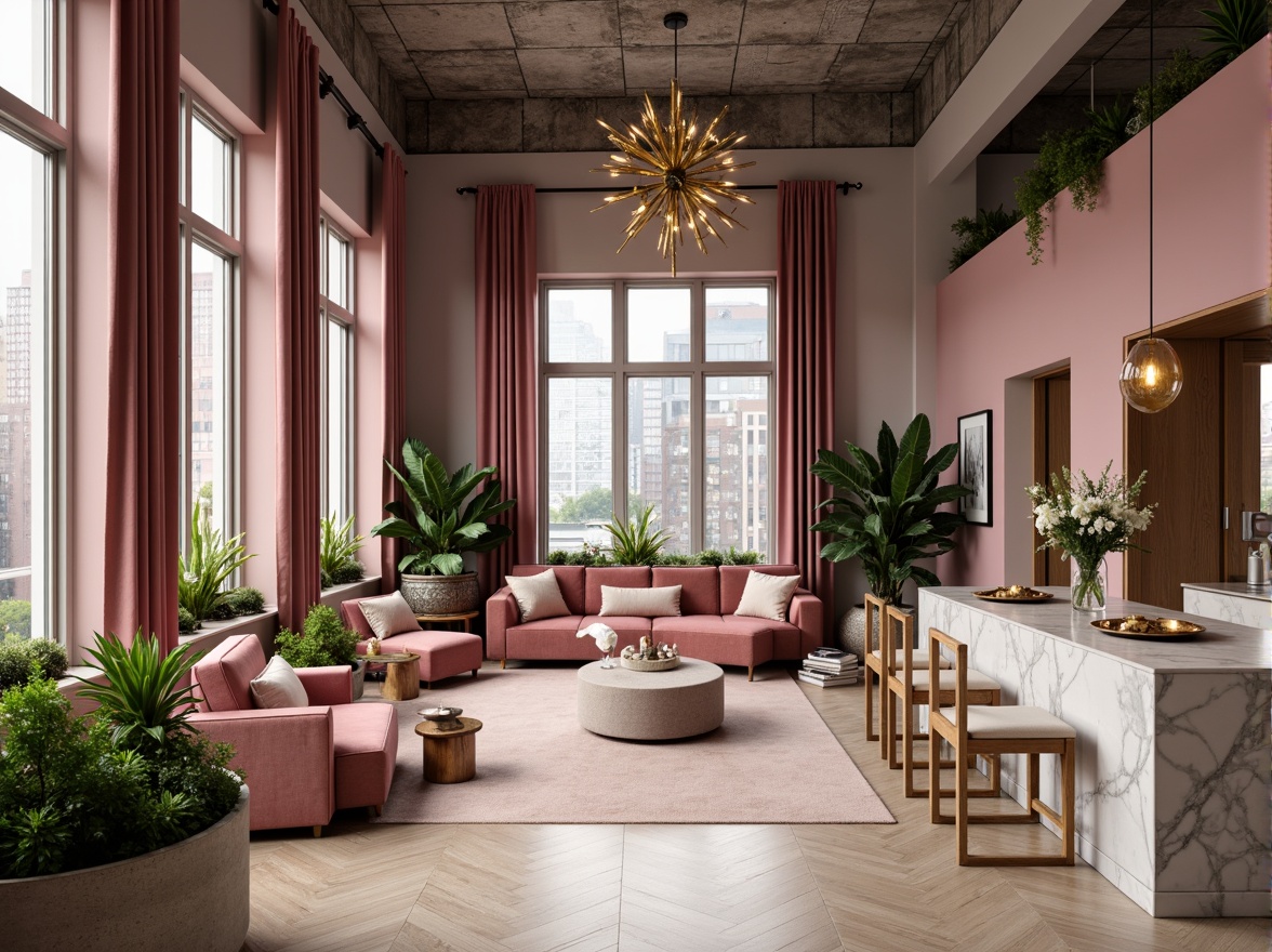 Prompt: Mauve accent walls, soft blush furniture, warm beige flooring, ornate gold lighting fixtures, lush greenery, delicate floral patterns, velvet drapes, rich wood tones, elegant marble countertops, sophisticated urban loft, airy open space, natural light pouring in, 1/2 composition, warm soft focus, realistic textures, subtle ambient occlusion.