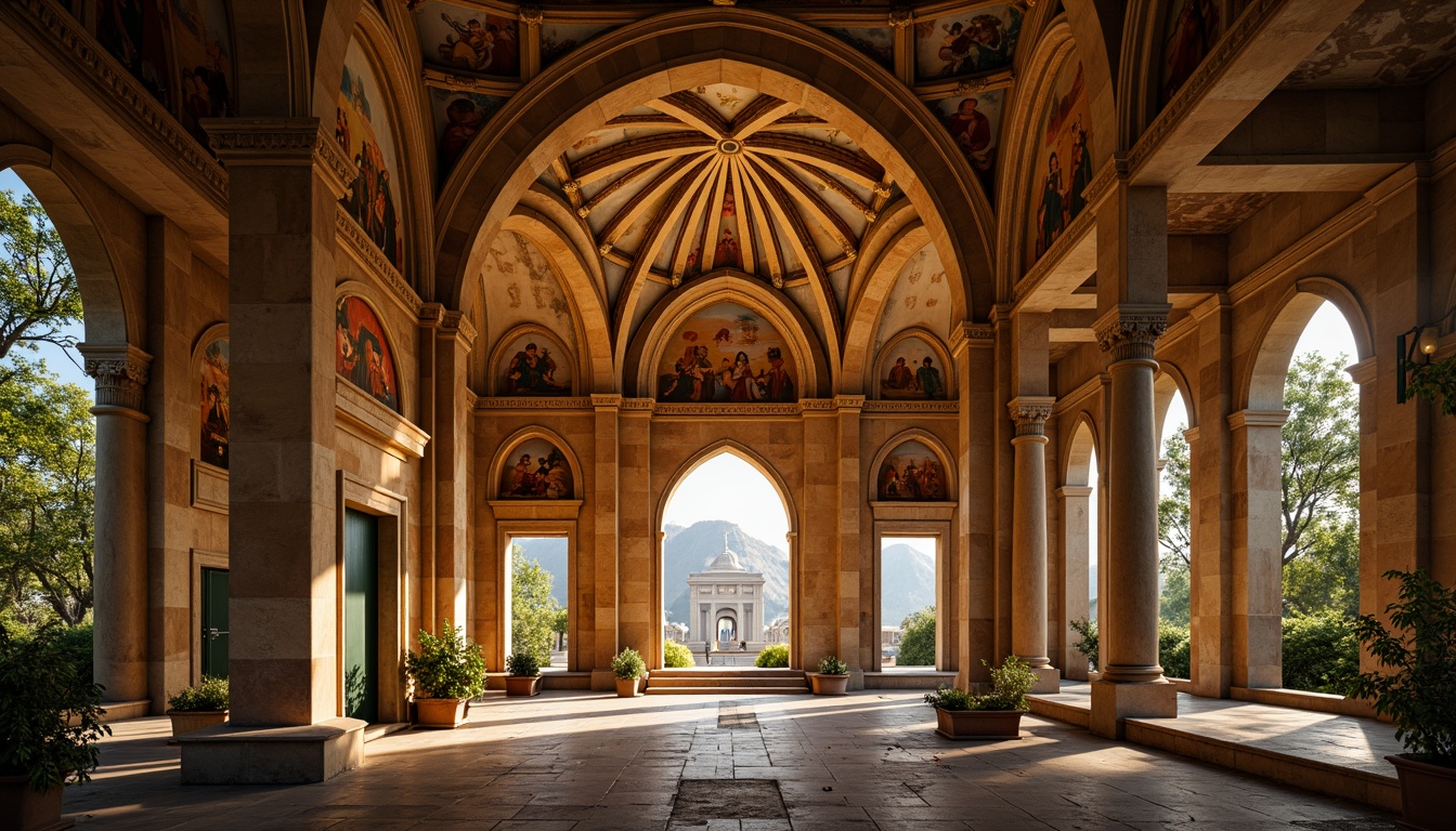 Prompt: Ancient temple, rustic stone arches, ornate carvings, vibrant frescoes, grandiose vaulted ceilings, sturdy columns, intricate capitals, Gothic-inspired ribbed vaults, warm golden lighting, soft focus, shallow depth of field, 2/3 composition, cinematic view, realistic textures, ambient occlusion.