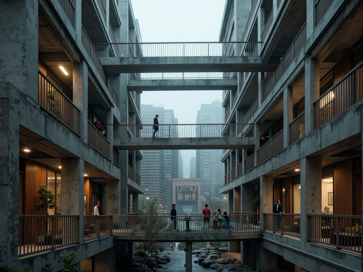 Prompt: Rustic steel beams, exposed rivets, brutalist concrete pillars, cantilevered walkways, industrial-style lighting fixtures, weathered metal railings, distressed wood accents, geometric latticework, abstract sculptures, urban cityscape backdrop, misty morning atmosphere, soft diffused lighting, 1-point perspective composition, atmospheric fog effect, cinematic mood, high-contrast textures.