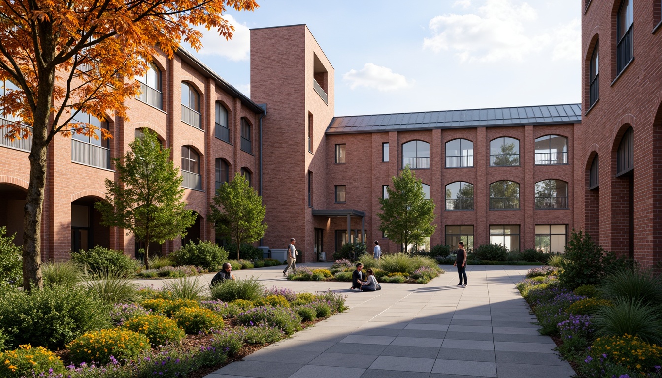 Prompt: Rustic high school building, exposed brick facade, earthy red tones, textured brick patterns, arched windows, ornate entranceways, courtyard spaces, lush greenery, vibrant flowers, educational signage, natural stone pathways, modern architecture, large windows, glass doors, blooming trees, sunny day, soft warm lighting, shallow depth of field, 3/4 composition, panoramic view, realistic textures, ambient occlusion.