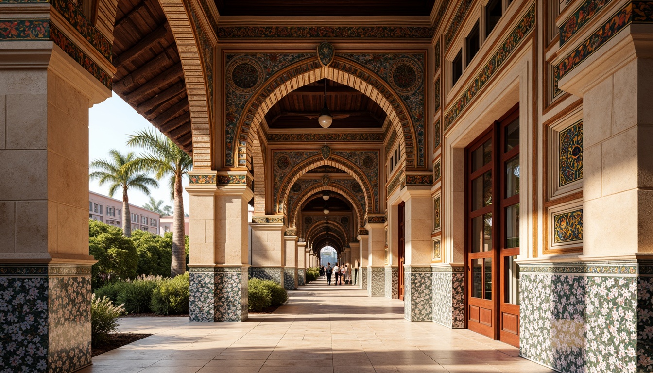 Prompt: Vibrant pavilion, regionalism architecture style, ornate facade, traditional ornaments, curved lines, Islamic-inspired arches, intricate geometric patterns, bright colorful tiles, glazed ceramics, natural stone walls, wooden accents, grand entrance, symmetrical composition, shallow depth of field, 1/2 composition, warm soft lighting, atmospheric perspective, realistic textures, ambient occlusion.