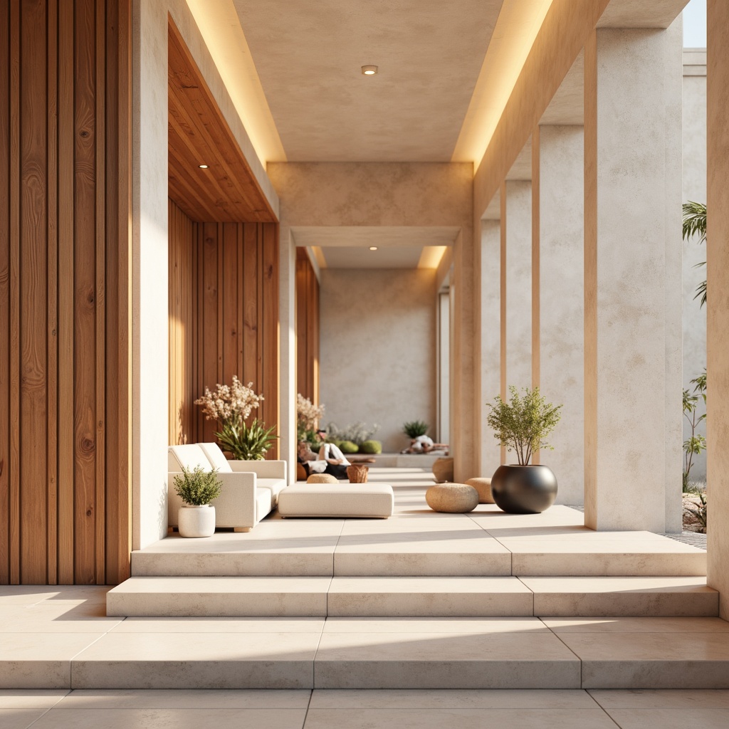 Prompt: Soft peach hues, creamy whites, warm beige tones, rich wood accents, natural stone textures, earthy terracotta shades, calming blue undertones, subtle golden highlights, soft focus, shallow depth of field, 2/3 composition, atmospheric perspective, realistic renderings, ambient occlusion.