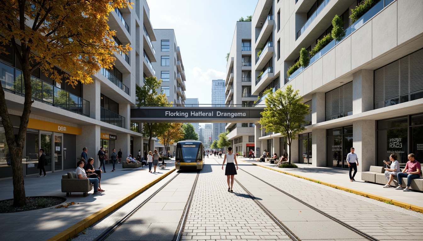 Prompt: Accessible tram station, ramps and elevators, wide sliding doors, tactile paving, audio announcements, Braille signage, wheelchair-accessible platforms, gentle slopes, clear navigation routes, minimal obstacles, high-contrast visual cues, comfortable seating areas, quiet waiting zones, natural ventilation systems, ample lighting, modern architectural design, curved lines, open spaces, green roofs, energy-efficient systems, urban connectivity, vibrant city life, busy pedestrian traffic, 3/4 composition, shallow depth of field, realistic textures.