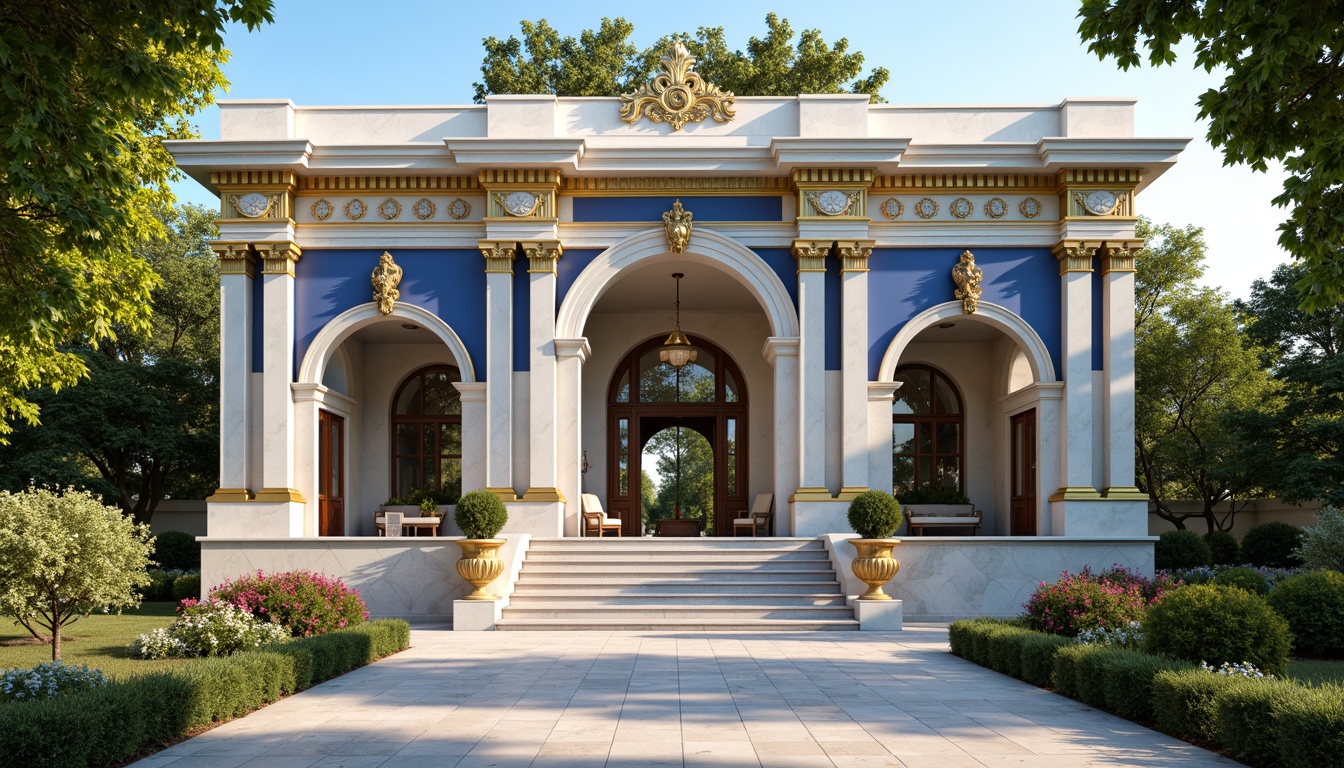 Prompt: Majestic building facade, Prussian blue accents, gold ornate details, grand entrance archways, symmetrical composition, neoclassical architecture, creamy white marble columns, intricate stone carvings, lush greenery surroundings, blooming flowers, sunny day, soft warm lighting, shallow depth of field, 3/4 composition, panoramic view, realistic textures, ambient occlusion.