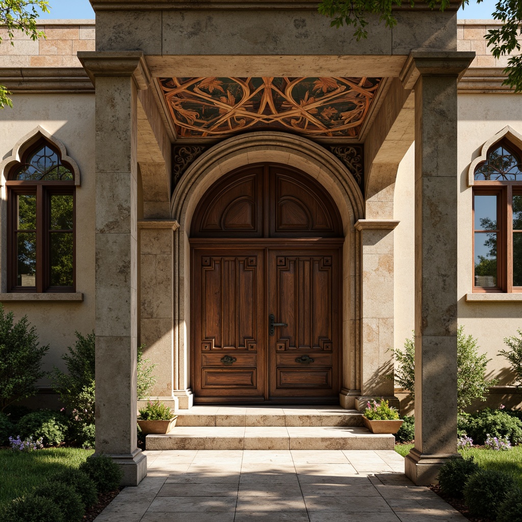 Prompt: Rustic clinic exterior, Romanesque arches, ornate stone carvings, grand entranceways, heavy wooden doors, stained glass windows, vaulted ceilings, ribbed columns, intricate frescoes, ornamental capitals, distressed stonework, weathered brick facades, lush greenery, blooming flowers, warm natural lighting, soft diffused shadows, 1/1 composition, symmetrical framing, realistic textures, ambient occlusion.