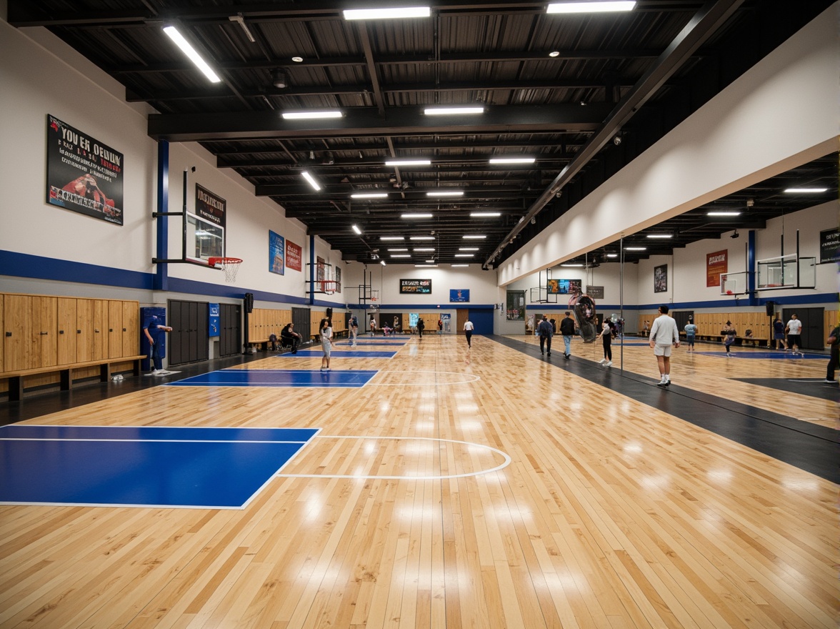 Prompt: Modern gymnasium interior, high ceiling, polished wooden floors, professional sports equipment, basketball hoops, volleyball nets, gymnastic mats, mirrored walls, LED lighting, contemporary color scheme, minimalist decor, athletic locker rooms, shower facilities, wooden benches, metal lockers, inspirational quotes, motivational posters, natural ventilation systems, open layout, 1/2 composition, warm softbox lighting, realistic reflections.