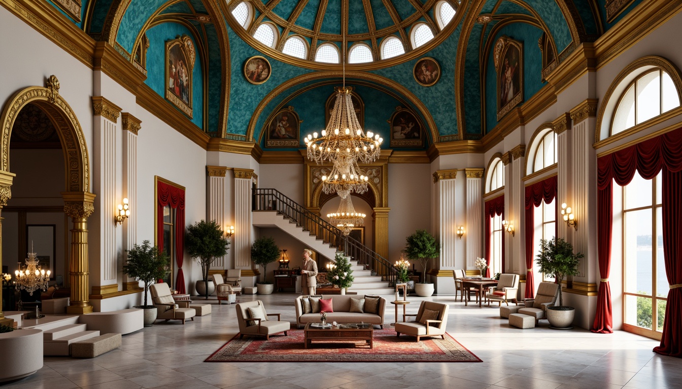 Prompt: Majestic Prussian blue domes, ornate golden details, grandiose Islamic-inspired archways, vibrant turquoise accents, intricate geometric patterns, luxurious marble floors, regal red velvet drapes, opulent chandeliers, lavish furnishings, richly textured fabrics, majestic high ceilings, dramatic staircases, warm soft lighting, 1/1 composition, realistic reflections, ambient occlusion.