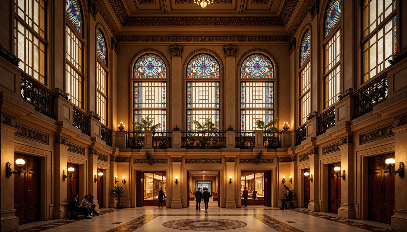 Prompt: Grand theater building, ornate facade, academic style architecture, richly colored glass panels, intricate stone carvings, dramatic archways, grand entrance doors, ornamental metalwork, vibrant stained glass windows, majestic columns, elegant balconies, warm golden lighting, soft focus, shallow depth of field, 1/1 composition, symmetrical view, highly detailed textures, ambient occlusion.