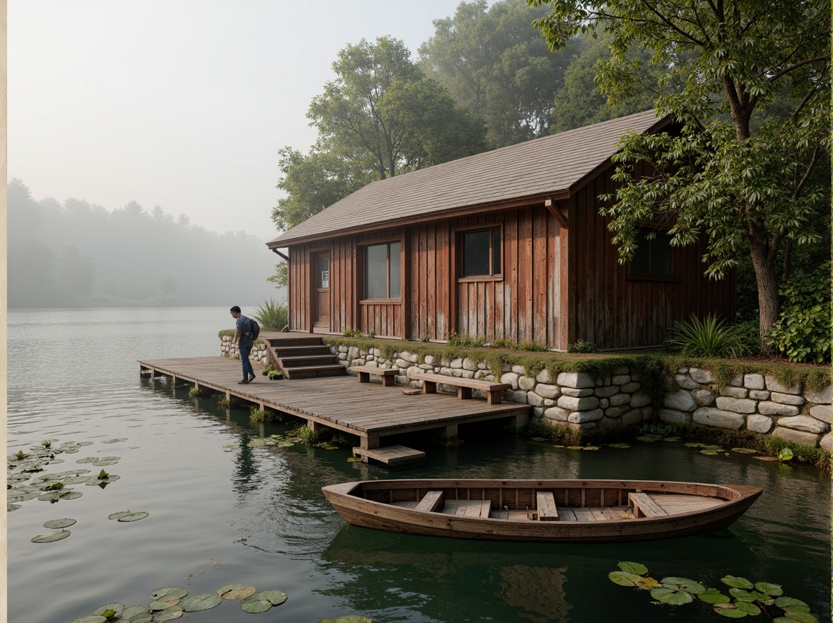 Prompt: Weathered wooden dock, rustic boathouse, earthy tones, moss-green accents, natural stone foundation, vintage nautical ropes, distressed wood textures, soft warm lighting, serene lake views, misty morning atmosphere, 3/4 composition, shallow depth of field, warm color palette, earthy reds, muted blues, creamy whites, wooden boat details, aquatic plants, water lilies, ripples on the lake, subtle wave movements.