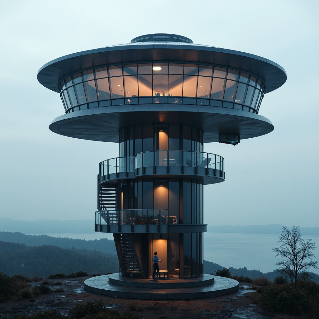 Prompt: Futuristic watchtower, sleek metallic fa\u00e7ade, angular lines, dynamic LED lighting, modern observatory, panoramic viewing deck, glass balustrades, cantilevered sections, asymmetrical shapes, cutting-edge technology, high-tech gadgets, futuristic radar systems, advanced surveillance equipment, misty morning atmosphere, dramatic spotlighting, low-angle shot, 1/2 composition, realistic reflections, ambient occlusion.