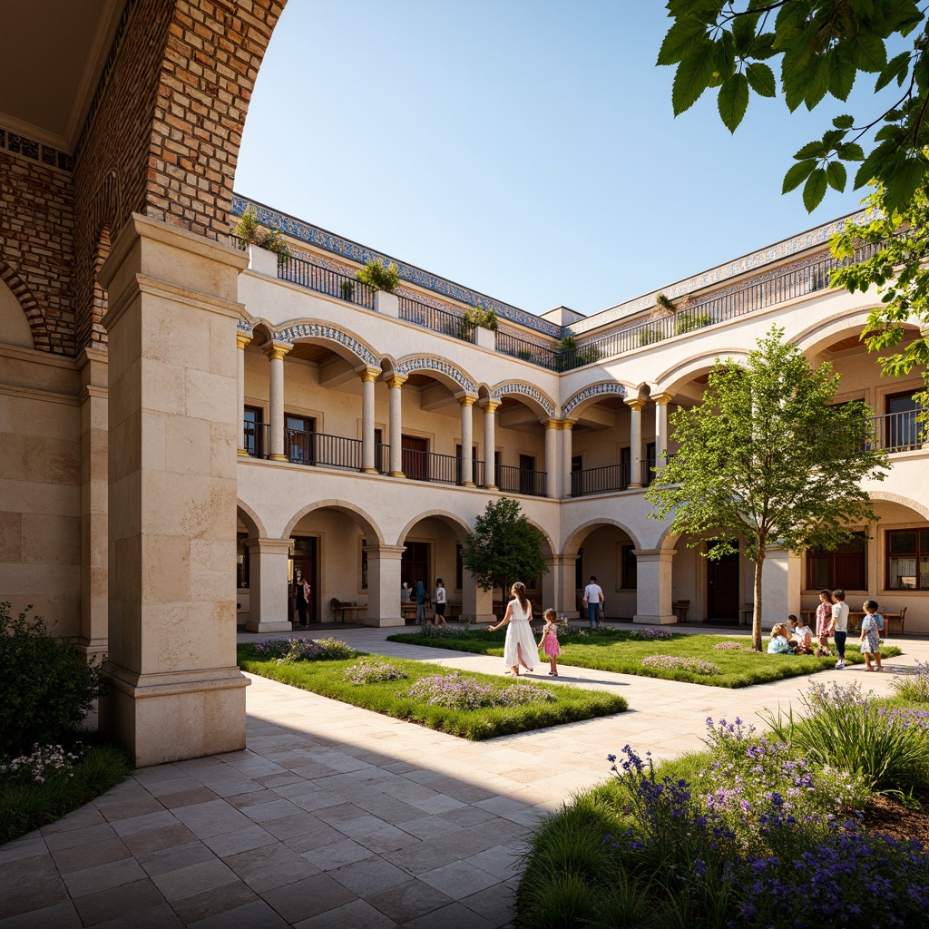 Prompt: Majestic high school building, Byzantine-inspired architecture, grand arches, ornate columns, intricate mosaics, vibrant gold accents, richly textured stone walls, majestic entranceways, sprawling courtyard, lush greenery, blooming flowers, warm sunny day, soft golden lighting, shallow depth of field, 3/4 composition, panoramic view, realistic textures, ambient occlusion.