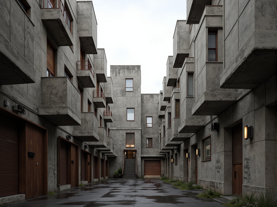 Prompt: Raw concrete walls, rugged stone facades, distressed metal cladding, exposed ductwork, industrial-style lighting fixtures, brutalist fortress-like structures, geometric angular forms, monumental scale, urban cityscape backdrop, overcast skies, dramatic shadows, high-contrast photography, 1/1 composition, stark realistic textures, ambient occlusion.Please let me know if this meets your requirements!