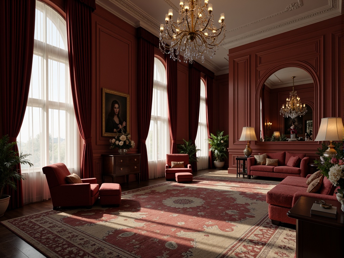 Prompt: Rich maroon accents, warm earthy tones, creamy whites, deep charcoal grays, subtle gold highlights, luxurious velvet textures, ornate wooden furnishings, classic traditional architecture, opulent crystal chandeliers, dramatic floor-to-ceiling drapery, lavish floral arrangements, soft warm lighting, cinematic 3/4 composition, intimate atmospheric mood, realistic fabric simulations.