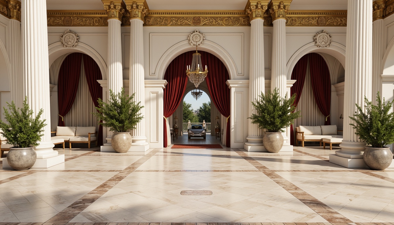 Prompt: Elegant neoclassical fa\u00e7ade, ornate carvings, polished marble columns, grand entranceways, intricately patterned stone floors, richly veined granite walls, ornamental metalwork, gilded accents, luxurious velvet drapes, crystal chandeliers, refined wood paneling, subtle stucco textures, creamy white limestone, symmetrical arches, harmonious proportions, soft natural lighting, warm beige tones, high-contrast rendering, detailed 3D modeling.