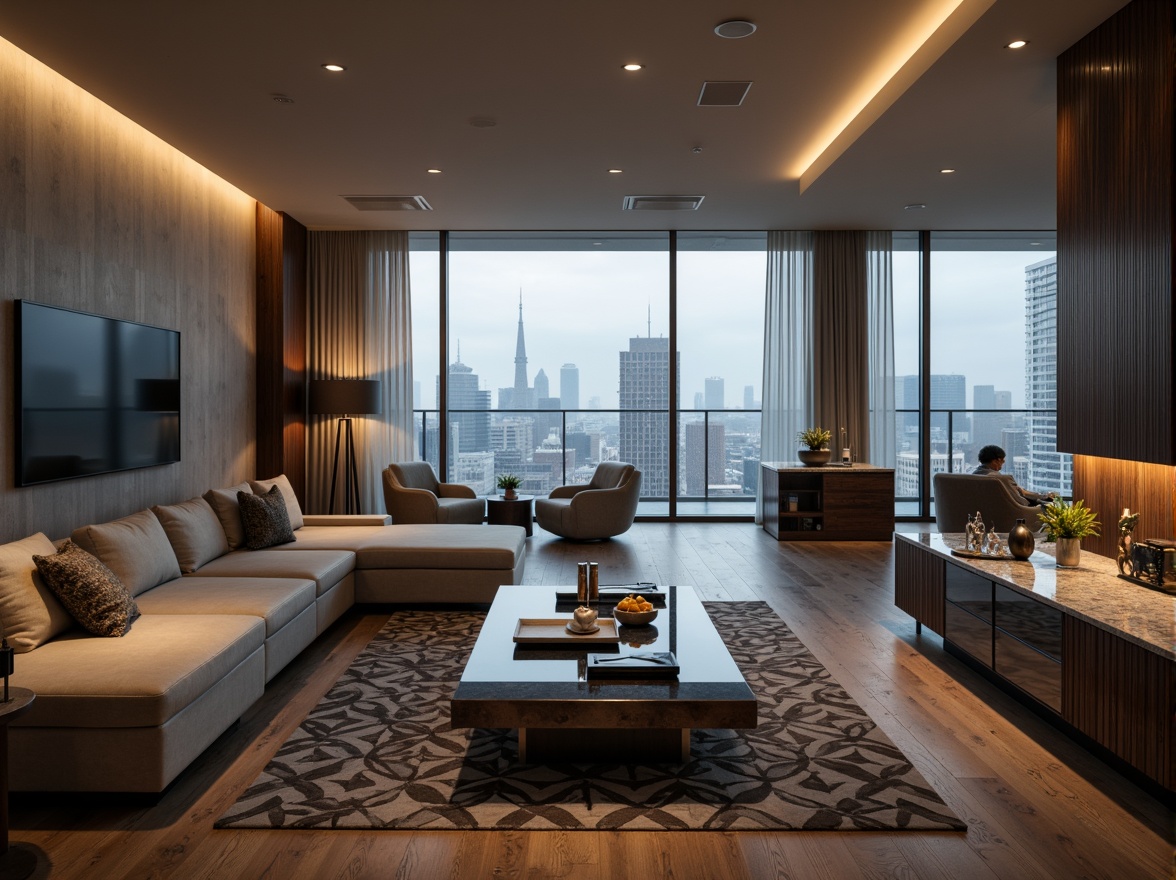 Prompt: Luxurious living room, sleek minimalist furniture, polished chrome accents, rich wood paneling, velvety soft carpets, neutral color palette, subtle ambient lighting, floor-to-ceiling windows, panoramic city views, modern art pieces, geometric patterned rugs, metallic wall decorations, sophisticated marble countertops, high-gloss finishes, atmospheric misty ambiance, shallow depth of field, 1/2 composition, cinematic rendering.