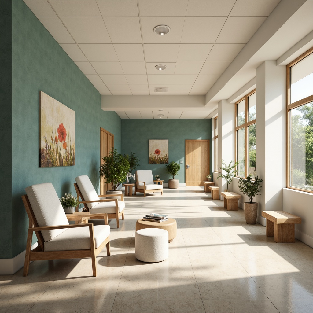 Prompt: Soothing healthcare facility, calming atmosphere, natural color scheme, gentle blues, soft greens, creamy whites, warm beige tones, earthy browns, serene lighting, minimalist decor, organic textures, wooden accents, comfortable furnishings, peaceful ambiance, stress-reducing environment, wellness-focused design, holistic approach, nature-inspired elements, botanical patterns, subtle gradients, harmonious color balance, 1/1 composition, soft focus, natural materials, calming artwork.