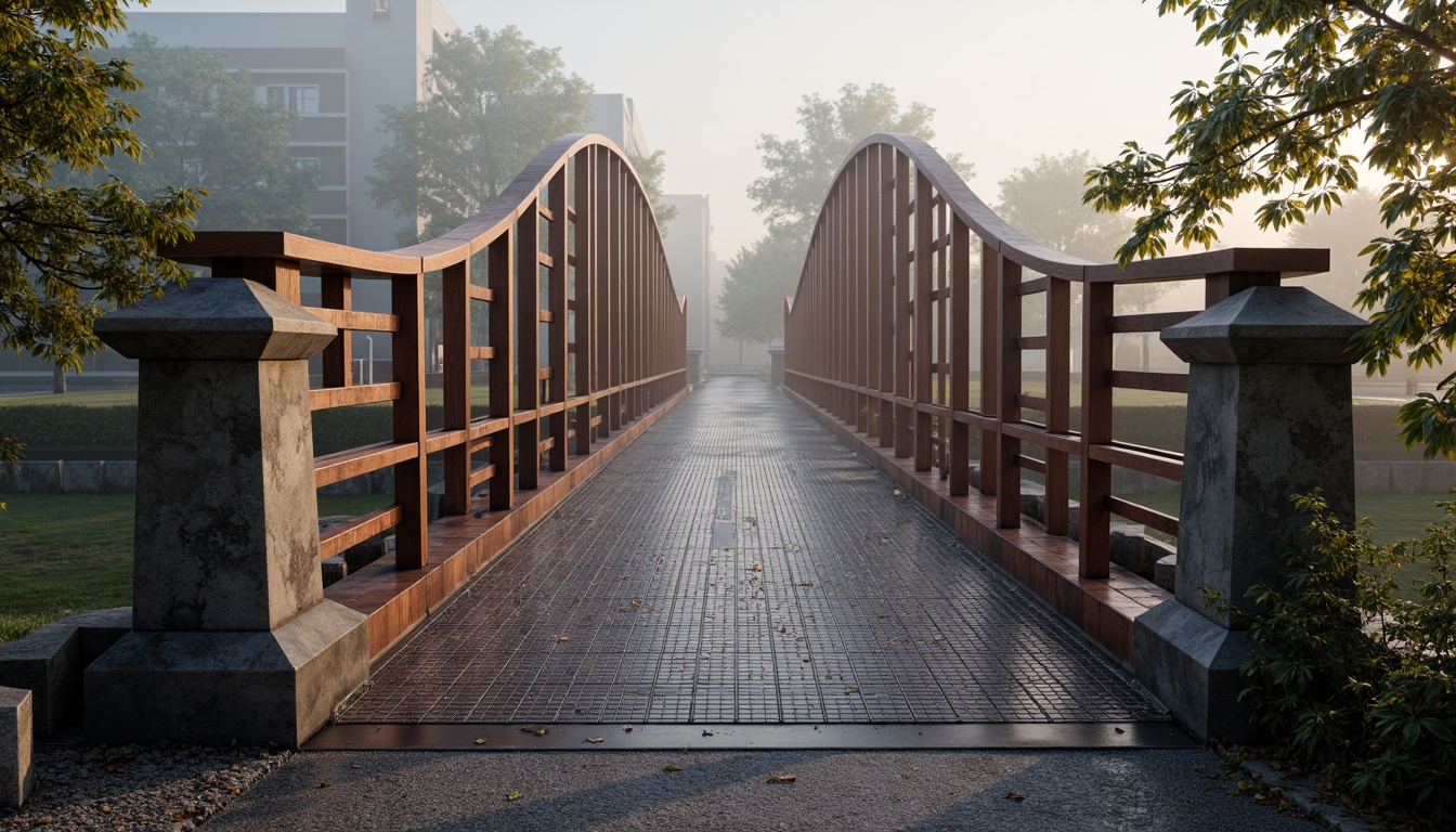 Prompt: Weathered steel pedestrian bridge, rustic wooden railings, durable concrete piers, stainless steel cables, corrugated metal decking, textured gravel pathways, natural stone abutments, warm LED lighting, misty morning atmosphere, shallow depth of field, 1/2 composition, realistic reflections, ambient occlusion.