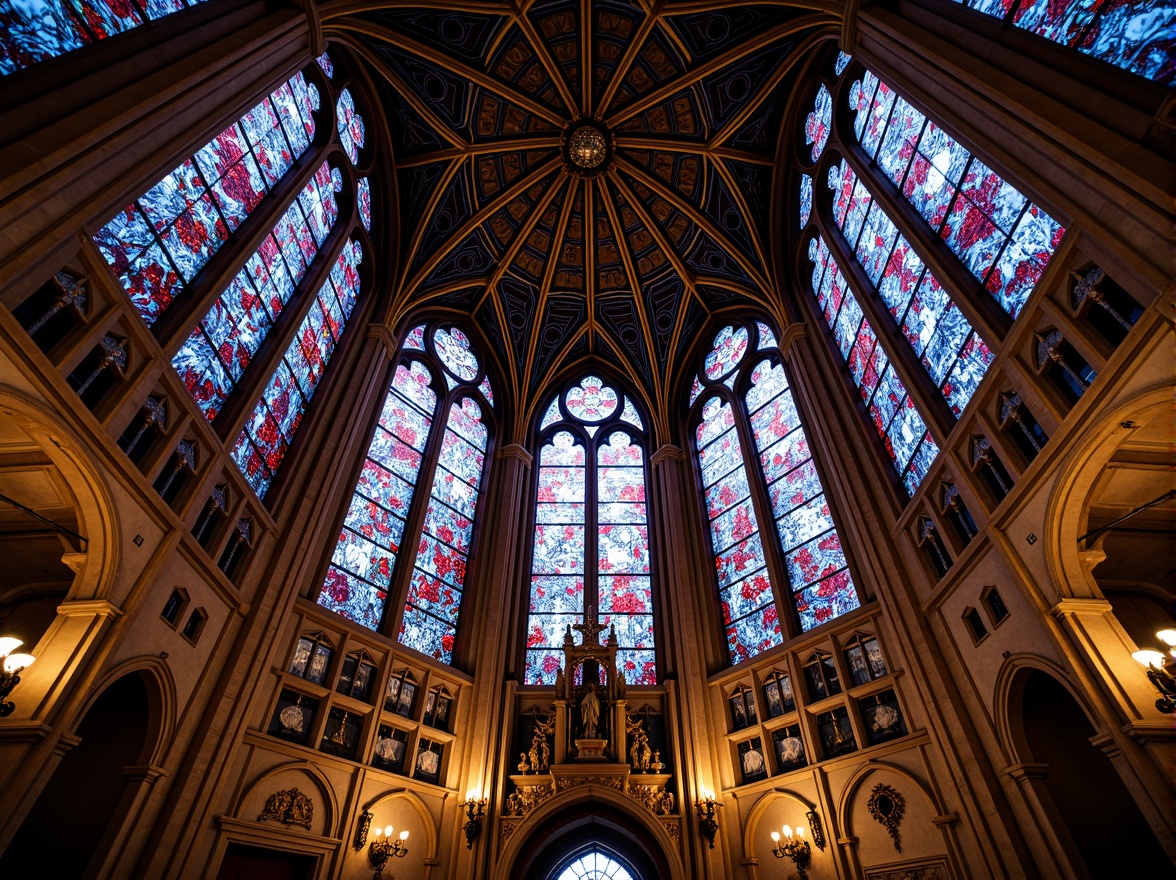 Prompt: Intricate stained glass designs, kaleidoscope colors, ornate patterns, Gothic architecture, grand cathedrals, majestic ceilings, vibrant windows, radiant light filtering, warm color tones, luxurious textures, opulent decorations, sacred ambiance, serene atmosphere, natural lighting, subtle shading, detailed reflections, high-contrast imagery, 1/2 composition, close-up shot, shallow depth of field.