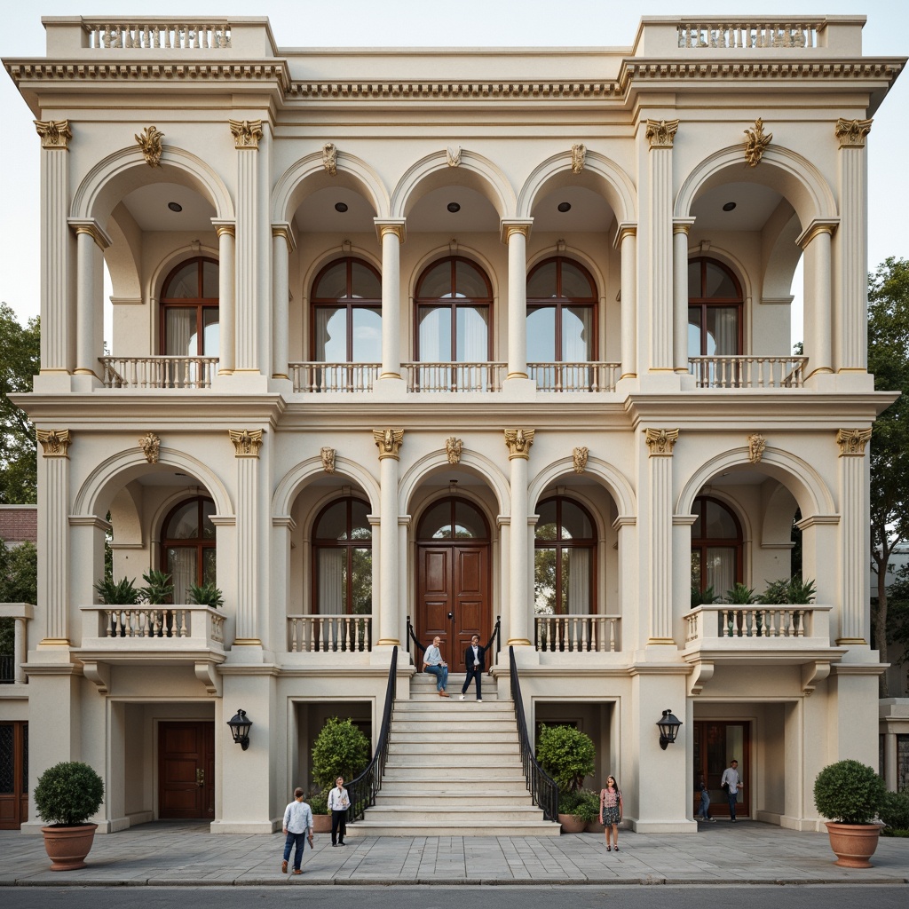 Prompt: Elegant neoclassical building, creamy white marble, rich golden accents, soft muted beige, pale blue-gray stone, ornate columns, intricate carvings, grandiose arches, symmetrical facades, ornamental moldings, subtle warm lighting, high-contrast shadows, detailed textures, realistic reflections, shallow depth of field, 2/3 composition, harmonious color balance, nostalgic ambiance, vintage elegance.