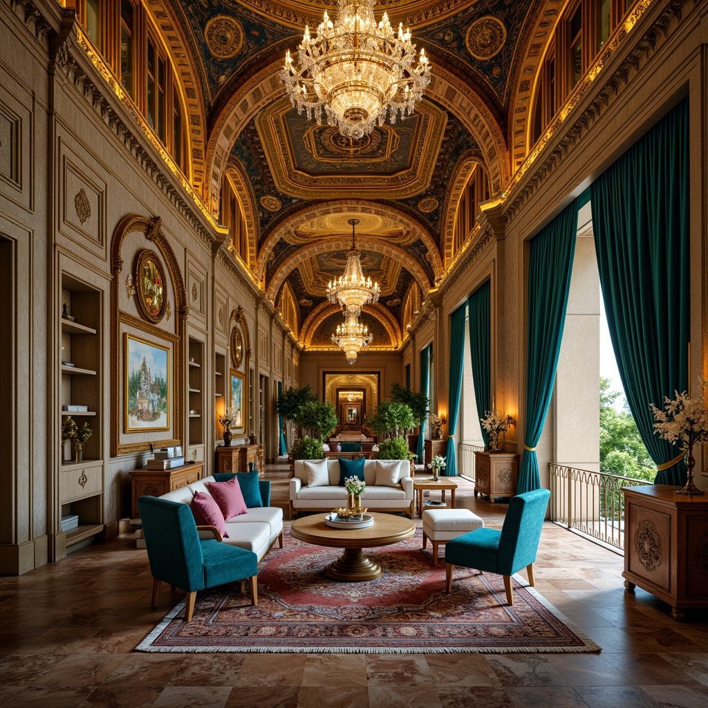 Prompt: Luxurious Byzantine-style apartment, opulent golden accents, intricate mosaics, ornate archways, grand domed ceilings, lavish furnishings, velvet drapes, marble floors, gilded mirrors, rich tapestries, elaborate chandeliers, ornamental pillars, decorative frescoes, vibrant turquoise hues, warm ambient lighting, shallow depth of field, 1/1 composition, realistic textures, ambient occlusion.