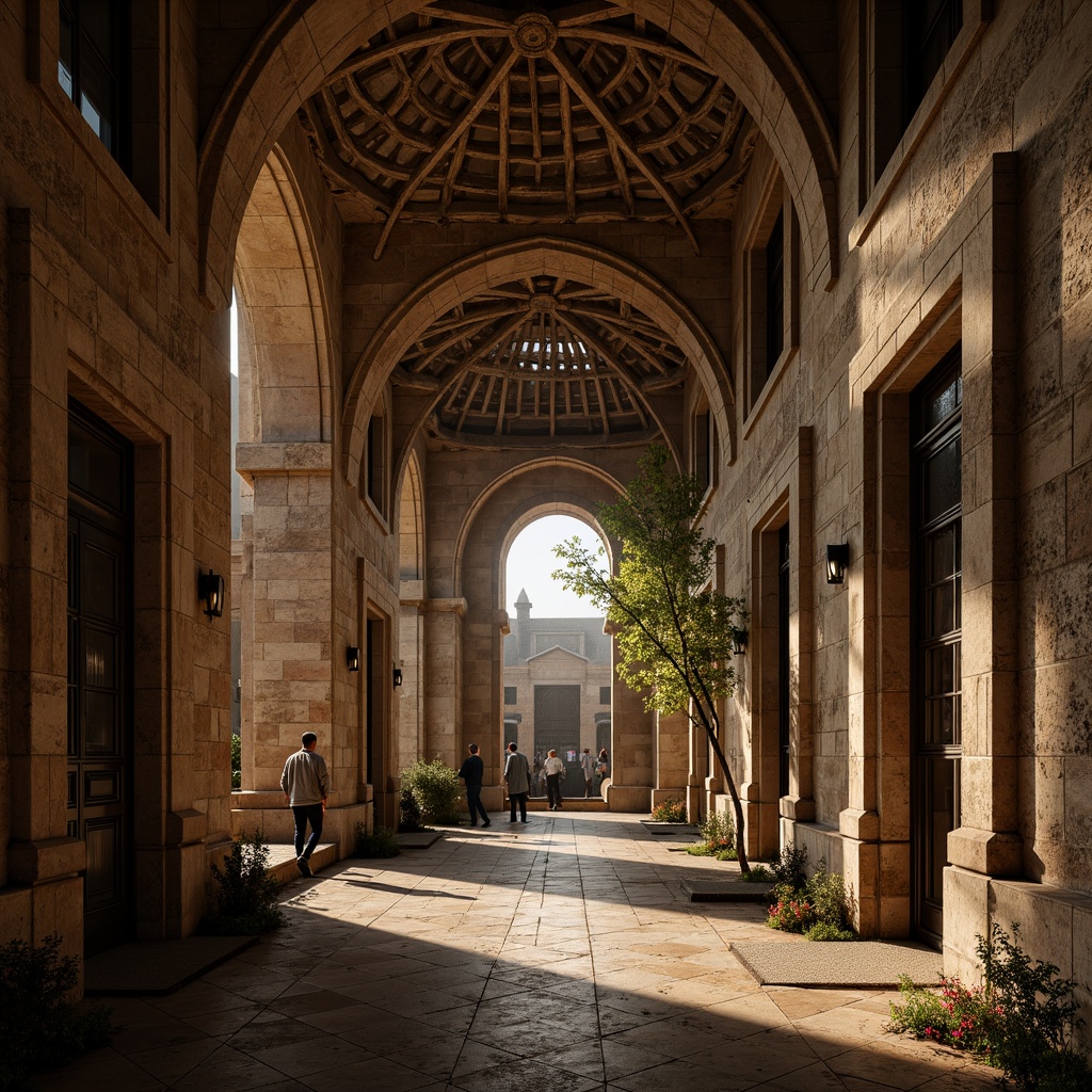 Prompt: Rustic stone arches, ornate carvings, grand entranceways, vaulted ceilings, ribbed domes, stained glass windows, intricate mosaics, weathered stone walls, ancient ruins, mysterious ambiance, warm golden lighting, dramatic shadows, 1/1 composition, symmetrical framing, high contrast ratio, cinematic mood, realistic textures, subtle ambient occlusion.