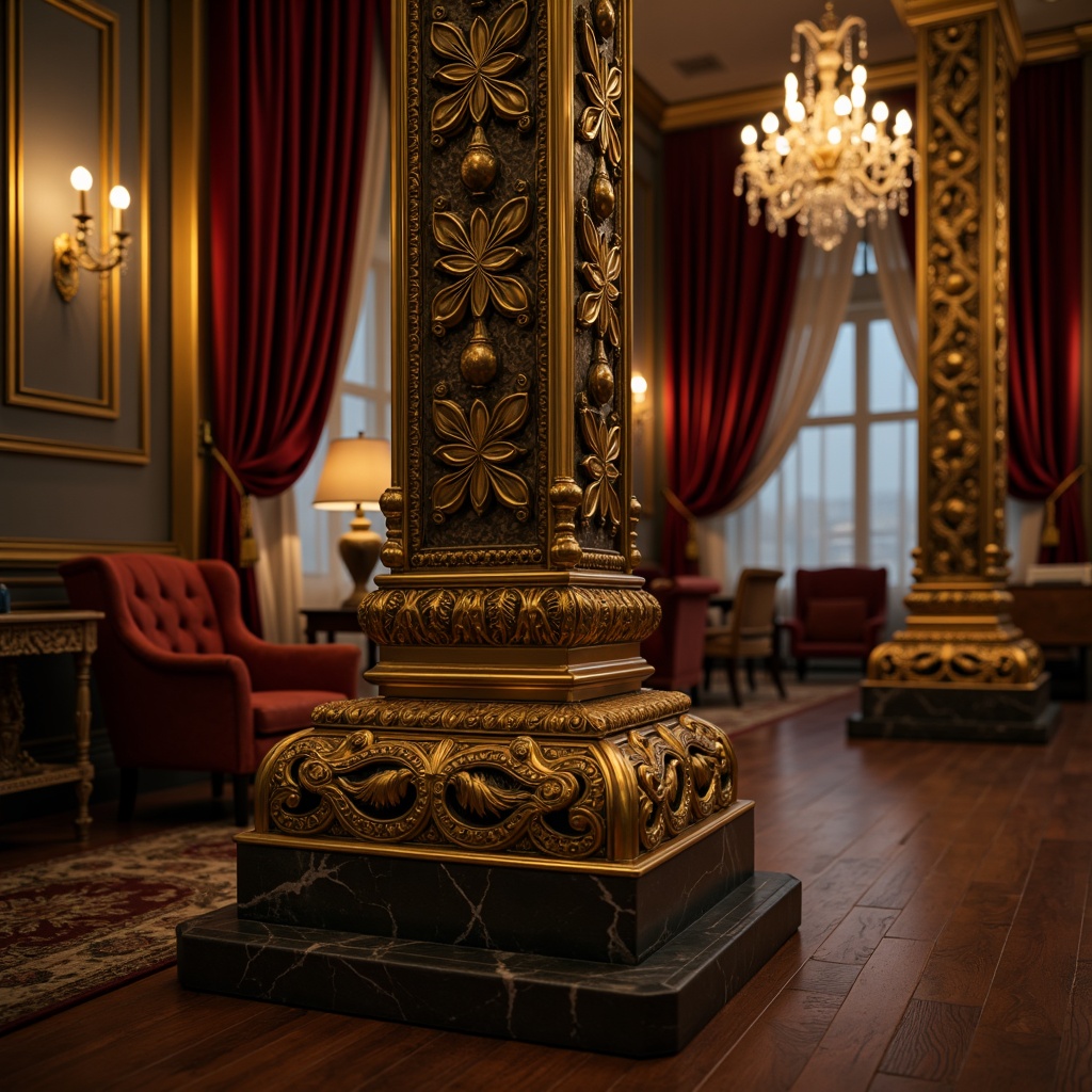 Prompt: Ornate column, golden accents, intricate carvings, curved lines, ornamental capitals, marble base, luxurious fabrics, velvet drapes, lavish furnishings, grand chandelier, crystal drops, warm candlelight, shallow depth of field, 1/1 composition, symmetrical arrangement, high-contrast lighting, dramatic shadows, opulent atmosphere.