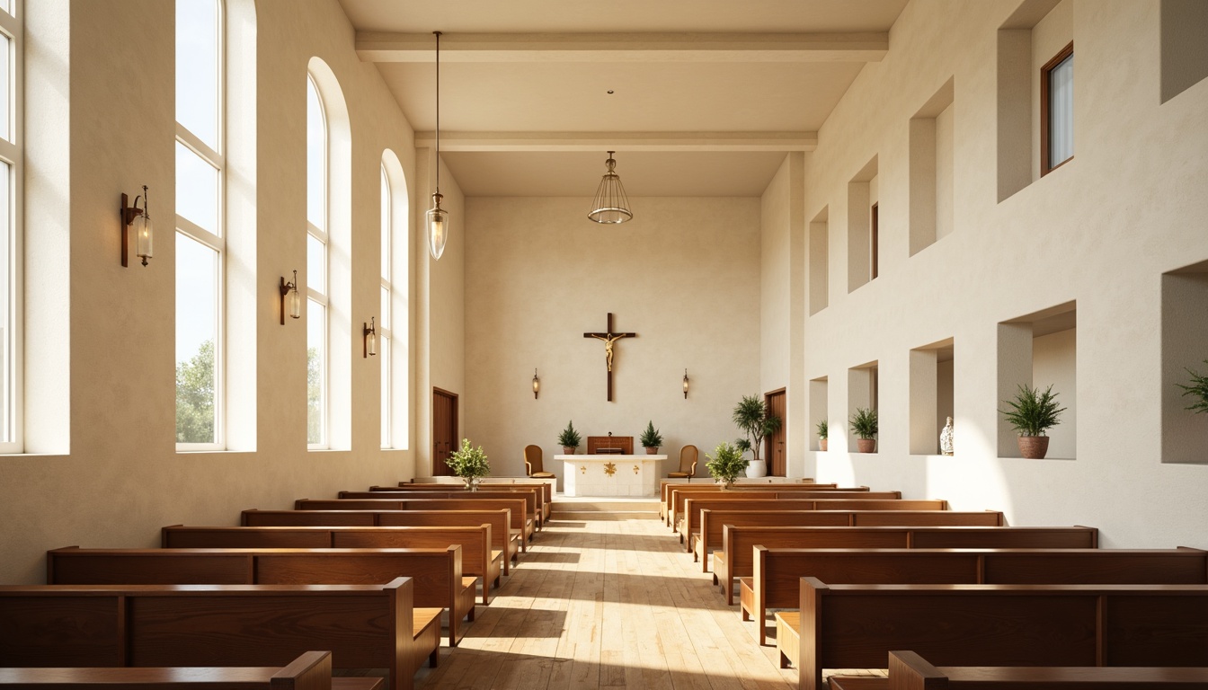 Prompt: Sleek church interior, minimal ornamentation, cream-colored walls, polished wooden floors, simple pews, subtle stained glass windows, soft natural light, serene atmosphere, calm ambiance, elegant arches, slender columns, minimalist chandeliers, quiet reflection areas, peaceful prayer spaces, subtle crucifix decorations, gentle warm lighting, shallow depth of field, 1/1 composition, symmetrical view, realistic textures, ambient occlusion.