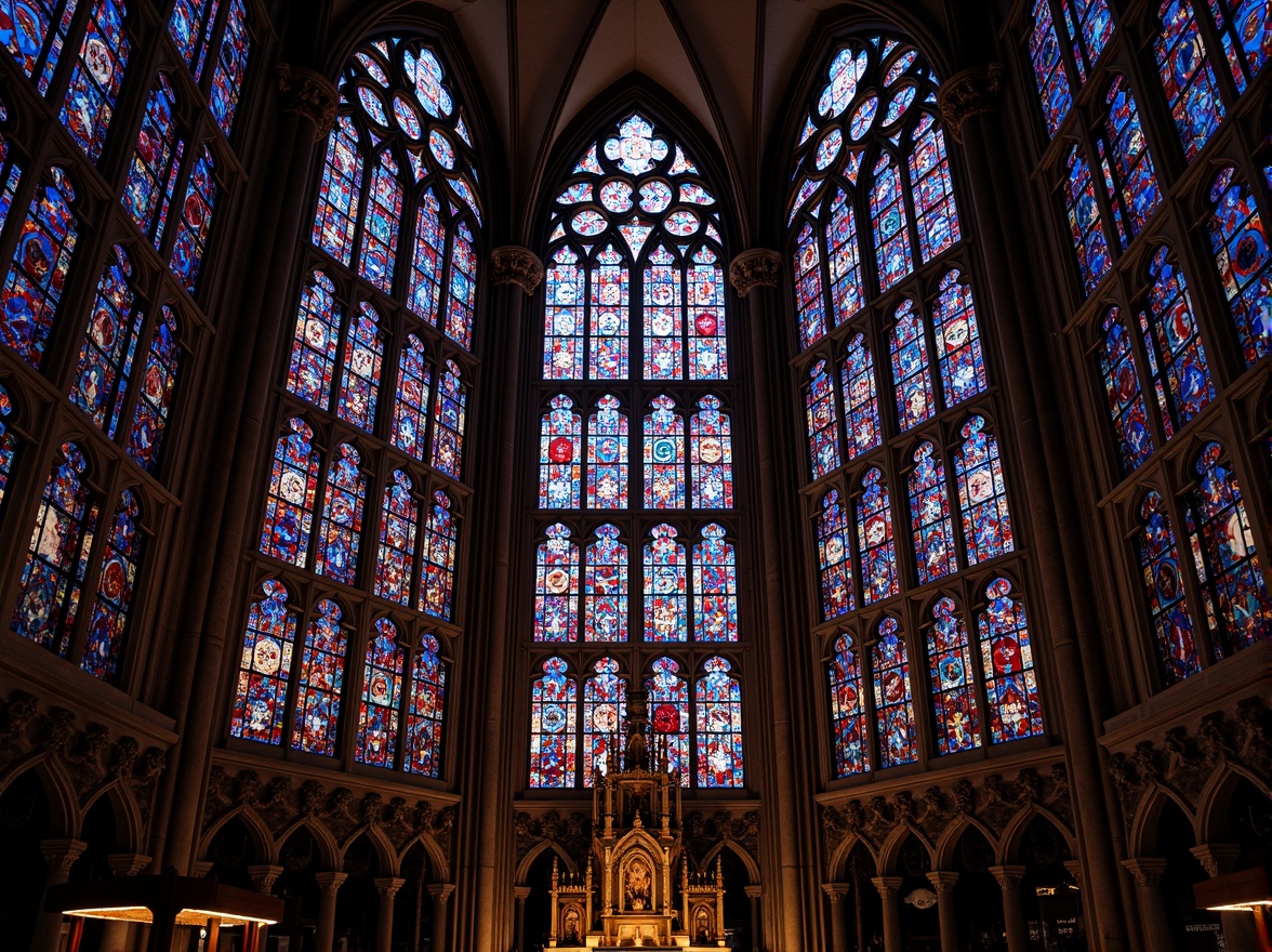 Prompt: Vibrant stained glass windows, kaleidoscopic colors, intricate patterns, ornate details, Gothic Revival architecture, grand cathedrals, sacred spaces, luminous lighting, dramatic shadows, rich textures, jewel-toned hues, abstract forms, symmetrical compositions, geometric shapes, subtle gradations, warm ambient glow, soft focus, shallow depth of field, 1/2 composition, realistic reflections, detailed normals.