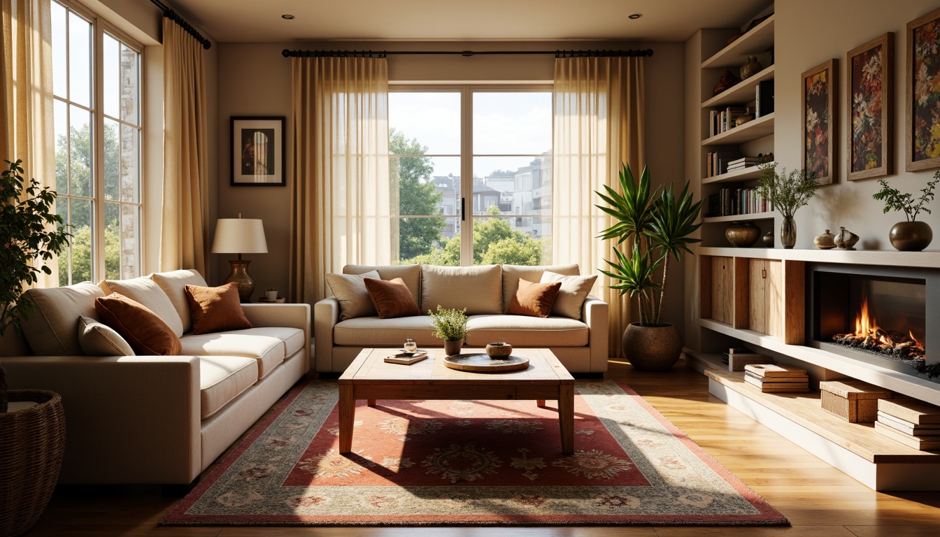 Prompt: Cozy living room, plush furniture, soft cushions, warm beige walls, natural wood flooring, large windows, sheer curtains, abundant sunlight, comfortable reading nook, built-in bookshelves, rustic wooden coffee table, vibrant throw pillows, earthy tone rug, ambient lighting, shallow depth of field, 1/1 composition, realistic textures, subtle shadowing.