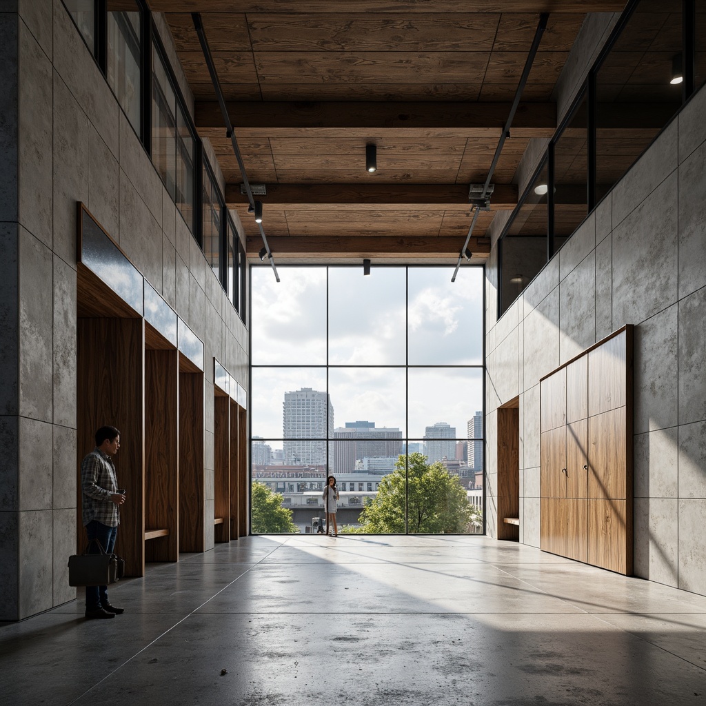 Prompt: Contemporary architecture, brutalist design, raw concrete walls, industrial metal beams, reclaimed wood accents, exposed ductwork, minimalist aesthetic, neutral color palette, natural light pouring in, airy open spaces, urban cityscape backdrop, overcast sky, dramatic shadows, high contrast lighting, 1/1 composition, symmetrical framing, subtle textures, ambient occlusion.