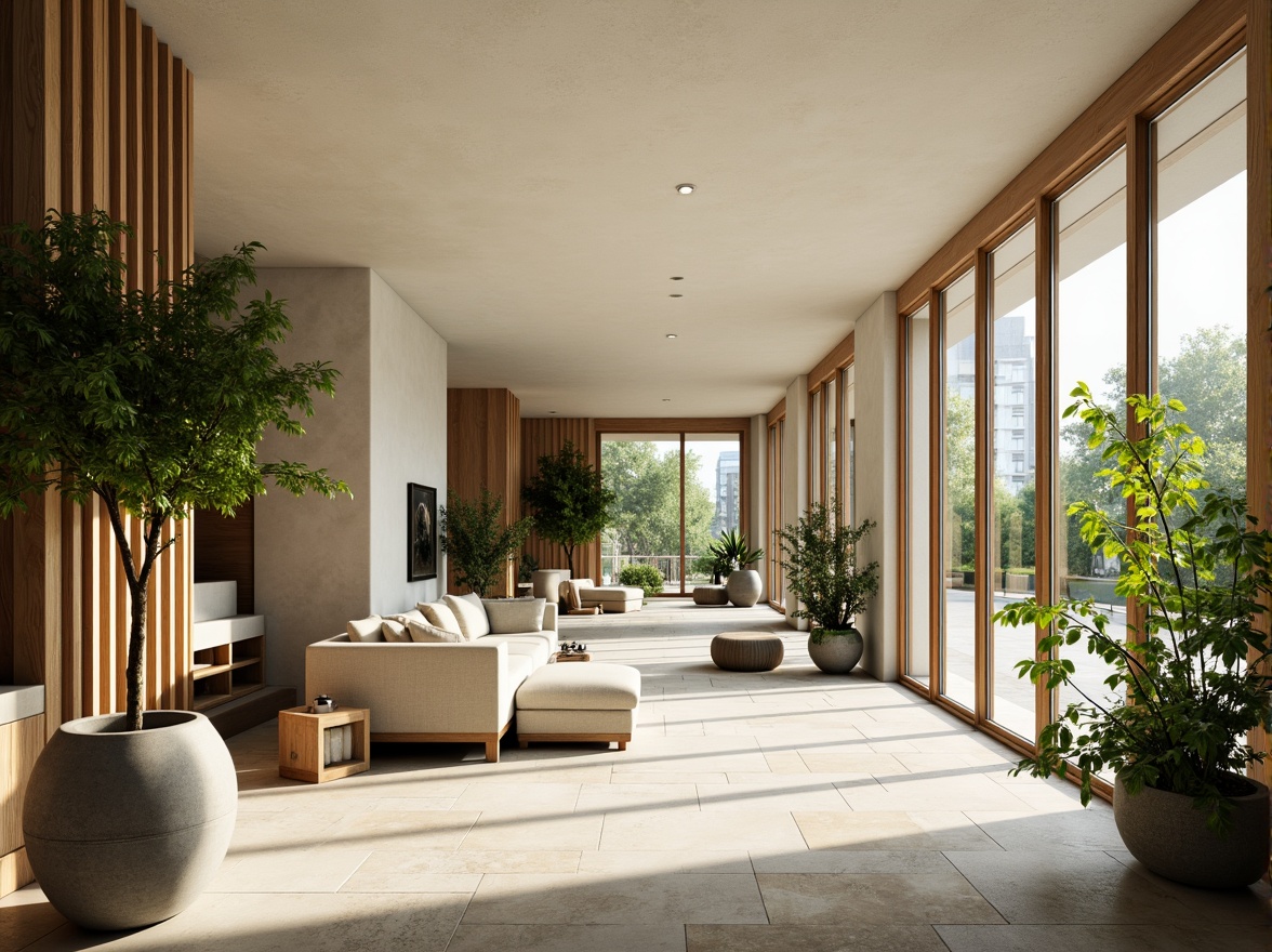 Prompt: Bright open-plan living room, floor-to-ceiling windows, sliding glass doors, natural stone flooring, lush greenery, potted plants, wooden accents, minimal ornamentation, airy atmosphere, soft warm lighting, shallow depth of field, 1/1 composition, realistic textures, ambient occlusion.