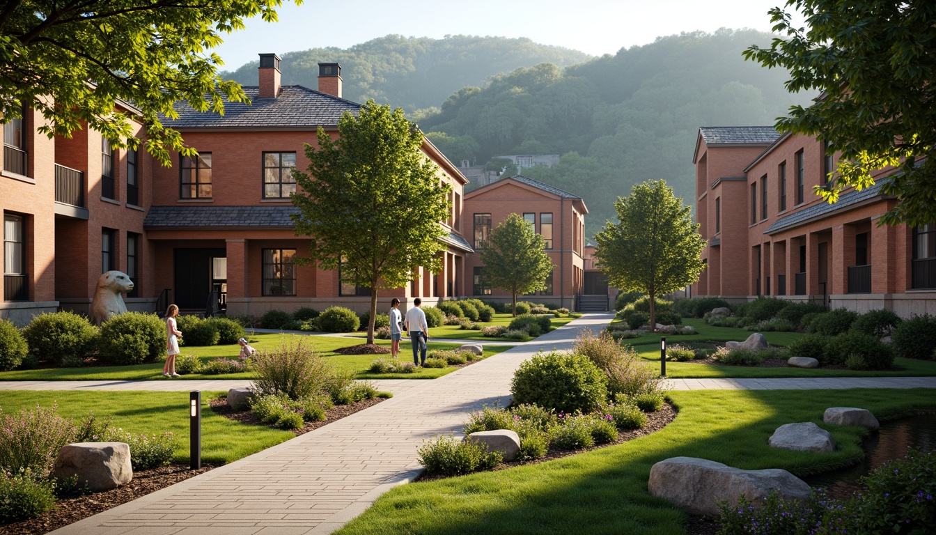 Prompt: Rustic university campus, harmonious landscape integration, rolling hills, lush greenery, mature trees, winding stone pathways, traditional brick buildings, ornate facades, classical columns, symmetrical architecture, manicured lawns, vibrant flowerbeds, serene water features, natural stone retaining walls, wooden benches, educational sculptures, warm afternoon sunlight, soft diffused lighting, 1/2 composition, realistic textures, ambient occlusion.