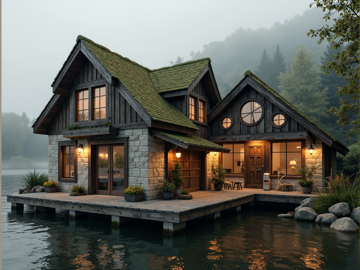 Prompt: Rustic boathouse, Romanesque architecture, earthy tones, weathered wood accents, moss-covered roofs, vintage nautical elements, distressed metal hardware, soft warm lighting, natural stone walls, wooden docks, serene lake surroundings, misty morning atmosphere, overcast skies, gentle ripples on water, 3/4 composition, atmospheric perspective, soft focus, warm color palette.