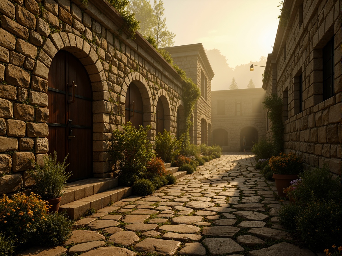 Prompt: Ancient stone walls, rugged rock formations, mystical ruins, worn-out brick roads, weathered wooden doors, ornate iron gates, Gothic-inspired archways, mysterious foggy atmosphere, warm golden lighting, high-contrast shadows, detailed normal maps, realistic specular highlights, subtle ambient occlusion, 1/2 composition, cinematic camera angles, dramatic focal lengths.