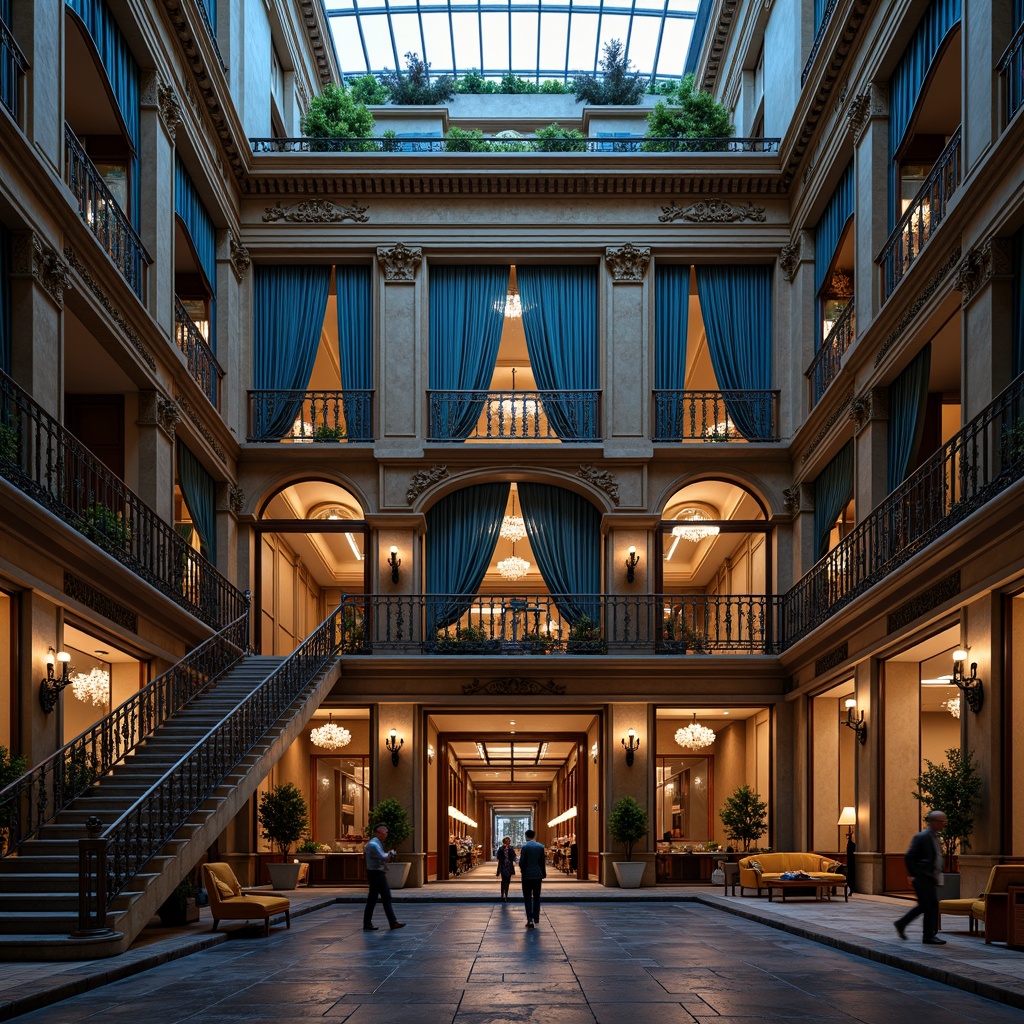 Prompt: Majestic building facade, Prussian blue accents, golden ornate details, intricate stone carvings, grand entrance archways, symmetrical columns, ornate balconies, luxurious velvet drapes, rich wood paneling, opulent chandeliers, dramatic staircases, lavish furnishings, warm soft lighting, cinematic composition, shallow depth of field, 2/3 rule, atmospheric perspective, realistic textures, subtle ambient occlusion.