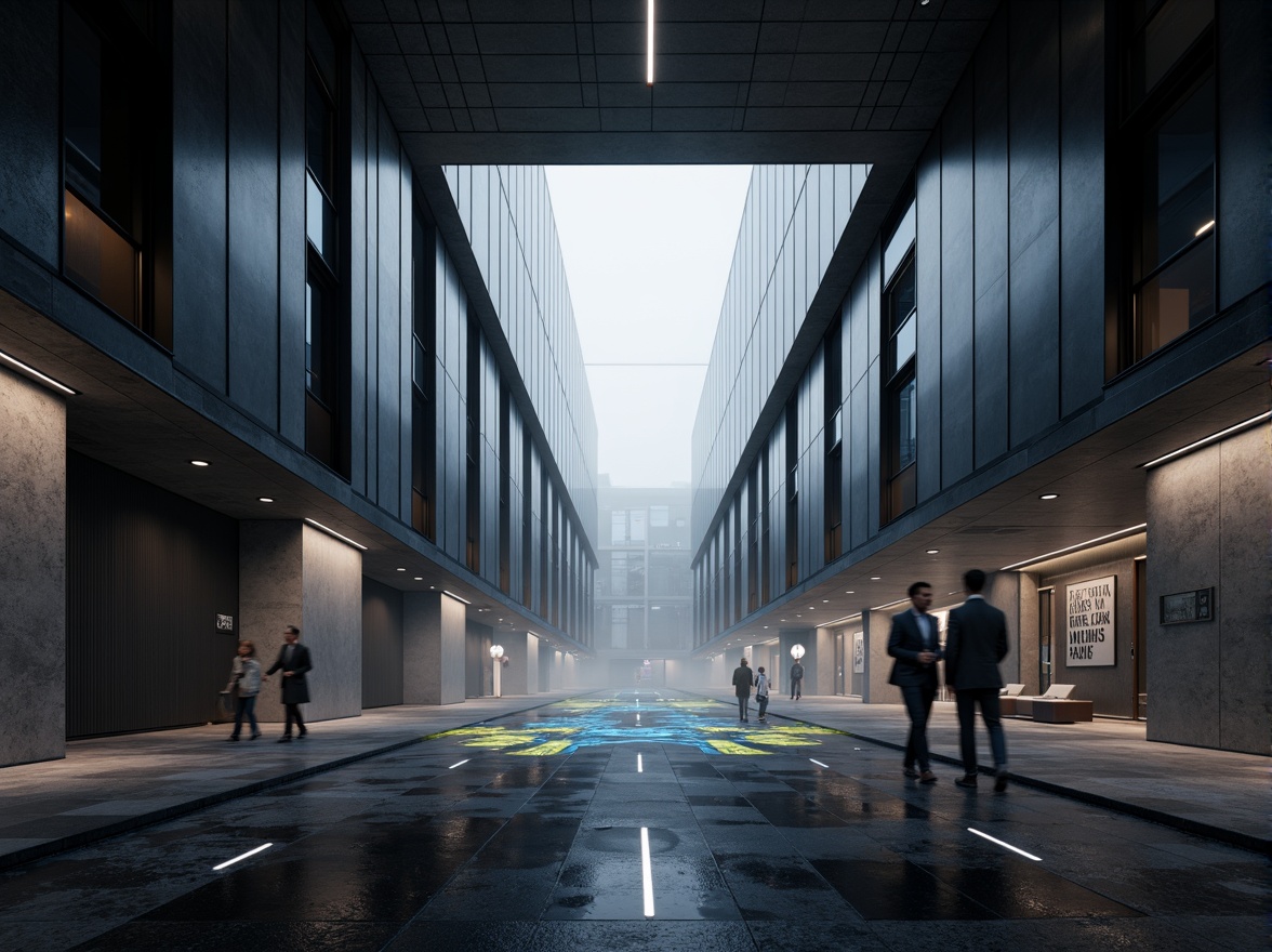 Prompt: Futuristic architecture design, sleek metallic buildings, angular lines, minimalist interiors, granite flooring, polished stone surfaces, matte black accents, neon light installations, holographic projections, misty atmospheric effects, shallow depth of field, 3/4 composition, panoramic view, realistic textures, ambient occlusion.