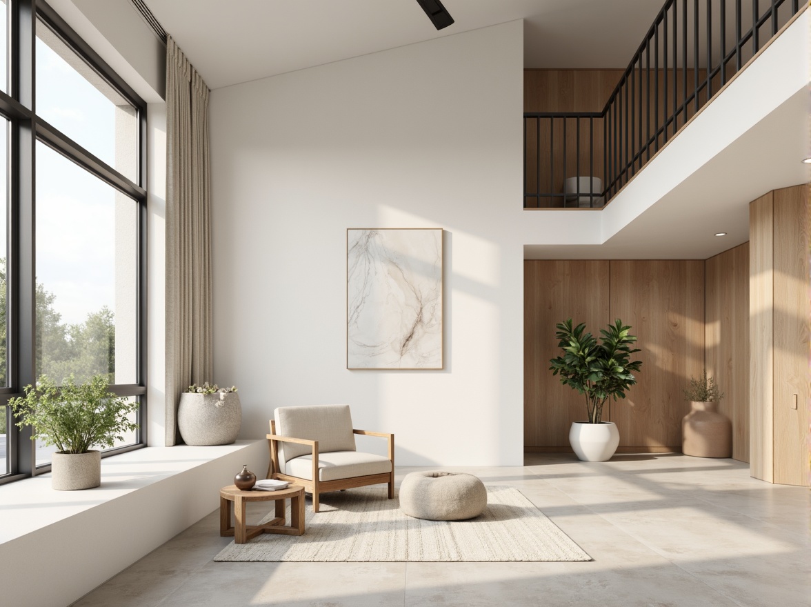 Prompt: Monochromatic interior space, soft creamy whites, gentle grays, muted beiges, subtle taupes, natural wood accents, sleek metal frames, minimalist decor, simple shapes, clean lines, ample negative space, warm ambient lighting, shallow depth of field, 1/1 composition, realistic textures, ambient occlusion.