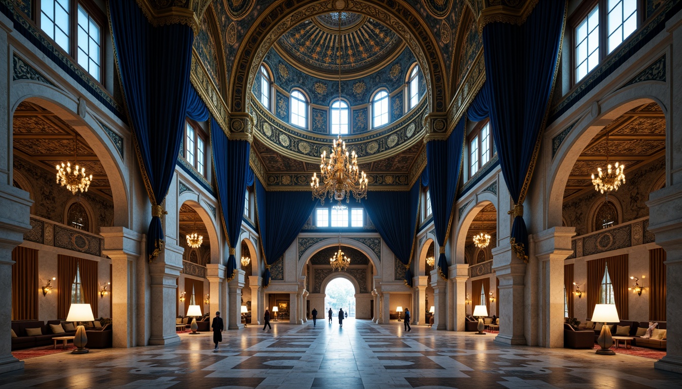 Prompt: Majestic Prussian blue domes, golden accents, intricate Islamic patterns, ornate archways, grandiose entrance halls, luxurious velvet drapes, lavish chandeliers, opulent marble floors, majestic stone columns, regal throne rooms, mysterious labyrinthine corridors, ancient Moorish architecture, dramatic chiaroscuro lighting, 1/2 composition, cinematic camera angles, high-contrast rendering, detailed textures, ambient occlusion.