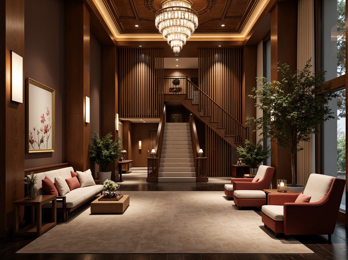 Prompt: Rich chocolate tones, warm beige accents, creamy white hues, deep walnut brown, soft golden lighting, luxurious velvet textures, ornate wooden furniture, lavish drapery, opulent crystal chandeliers, sophisticated modern architecture, spacious high ceilings, grandiose staircases, intimate cozy atmosphere, dramatic shadowing, 1/2 composition, low-key warm illumination.