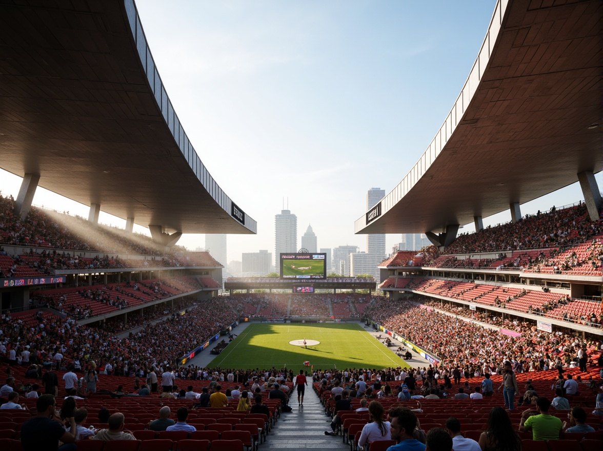 Prompt: Sweeping curves, grandstand seating, tiered platforms, cantilevered roofs, futuristic architecture, metallic structures, bold color schemes, dynamic lighting systems, gradient shading, atmospheric misting, vibrant audience, urban landscape, cityscape backdrop, warm afternoon sun, soft shadowing, 1/2 composition, dramatic camera angles, cinematic rendering, high-contrast textures.